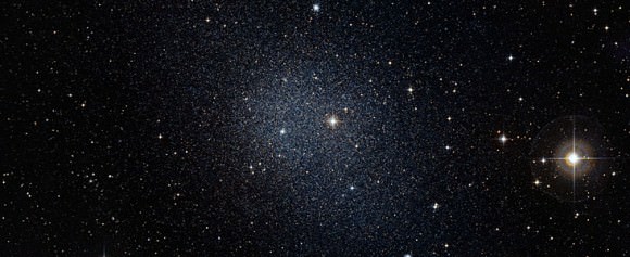 The Fornax dwarf galaxy is one of our Milky Way’s neighbouring dwarf galaxies. The Milky Way is, like all large galaxies, thought to have formed from smaller galaxies in the early days of the Universe. These small galaxies should also contain many very old stars, just as the Milky Way does, and a team of astronomers has now shown that this is indeed the case. This image was composed from data from the Digitized Sky Survey 2. Credit: ESO