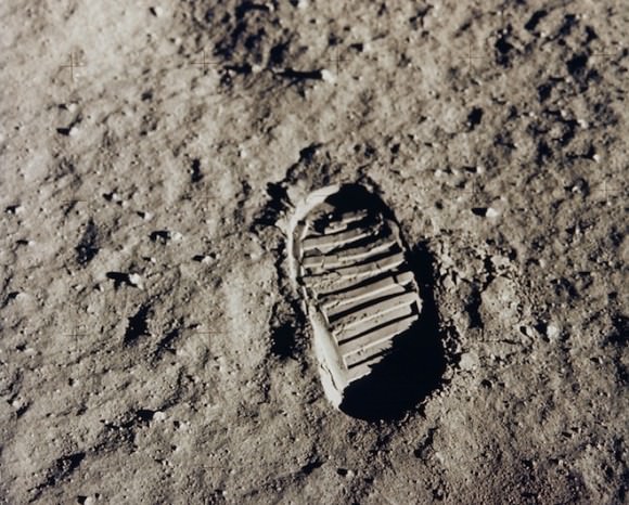 A bootprint in the lunar regolith, taken during Apollo 11 in 1969. Credit: NASA.
