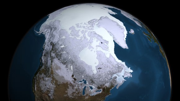 This data visualization from the AMSR-E instrument on the Aqua satellite show the maximum sea ice extent for 2008-09, which occurred on Feb. 28, 2009. Credit: NASA Goddard's Scientific Visualization Studio