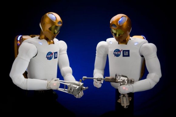 R2 and D2? NASA and General Motors have come together to develop the next generation dexterous humanoid robot. The robots – called Robonaut2 – were designed to use the same tools as humans, which allows them to work safely side-by-side humans on Earth and in space. Credit: NASA