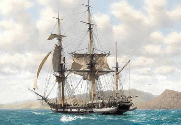 HMS Beagle in the Galapagos (painted by John Chancellor) - Credit: hmsbeagleproject.otg