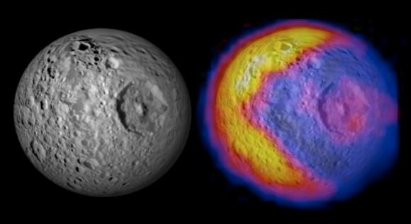 This figure illustrates the unexpected and bizarre pattern of daytime temperatures found on Saturn's small inner moon Mimas (396 kilometers, or 246 miles, in diameter). Credit: NASA/JPL/GSFC/SWRI/SSI 