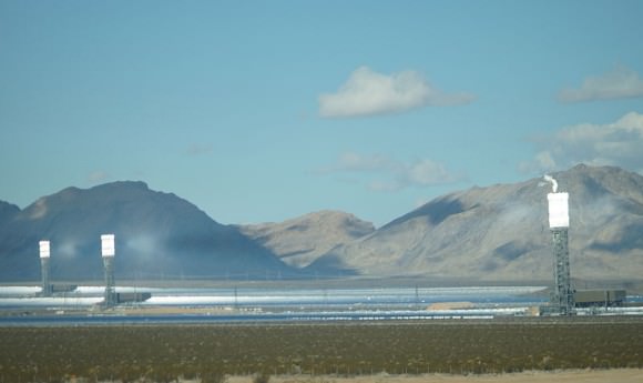 The Ivanpah Solar Power Facility in California, showing its three towers delivering concentrated solar power. Credit: Wikipedia commons/Sbharris