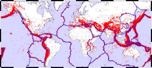 Map of the Earth showing fault lines (blue) and zones of volcanic activity (red). Credit: zmescience.com