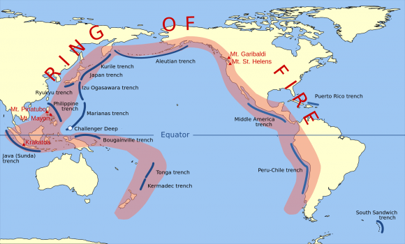 The Pacific Ring of Fire, a string of volcanic regions extending from the South Pacific to South America. Credit: Public Domain