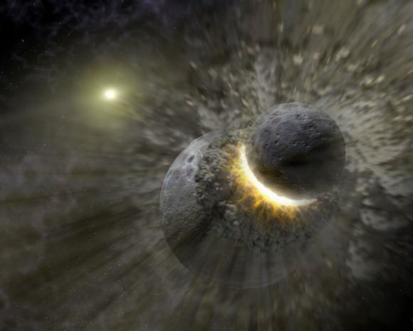 Artist's concept of a collision between proto-Earth and Theia, believed to happened 4.5 billion years ago. Credit: NASA