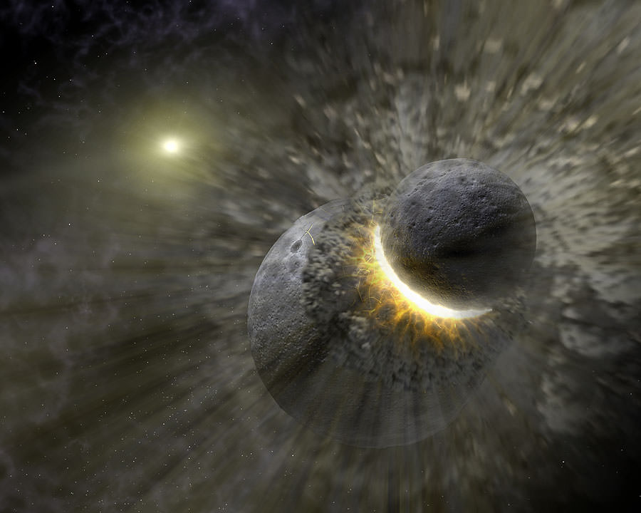 An artist's concept of the collision between proto-Earth and Theia, which happened 4.5 billion years ago. The heat from the impact melted Earth's crust, allowing bulk 3He to escape into space. Credit: NASA