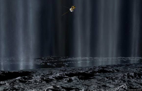 Artist's impression of the Cassini spacecraft making a close pass by Saturn's inner moon Enceladus to study plumes from geysers that erupt from giant fissures in the moon's southern polar region. Copyright 2008 Karl Kofoed/NASA. Click for full size version. 