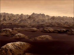 Artist concept of Methane-Ethane lakes on Titan (Credit: Copyright 2008 Karl Kofoed).  Click for larger version.