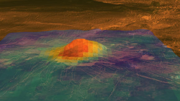 The colored overlay shows the emissivity derived from VIRTIS surface brightness data, acquired by ESA¹s Venus Express mission. The high emissivity area (shown in red and yellow) is centered on the summit and the bright flows that originate there. Image courtesy NASA/JPL-Caltech/ESA; image created by Ryan Ollerenshaw and Eric DeJong of the Solar System Visualization Group, JPL.