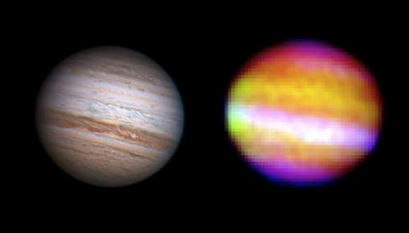 Infrared image of Jupiter from SOFIA’s First Light flight composed of individual images at wavelengths of 5.4 (blue), 24 (green) and 37 microns (red) made by Cornell University’s FORCAST camera. A recent visual-wavelength picture of approximately the same side of Jupiter is shown for comparison. The white stripe in the infrared image is a region of relatively transparent clouds through which the warm interior of Jupiter can be seen. (Visual image credit: Anthony Wesley)