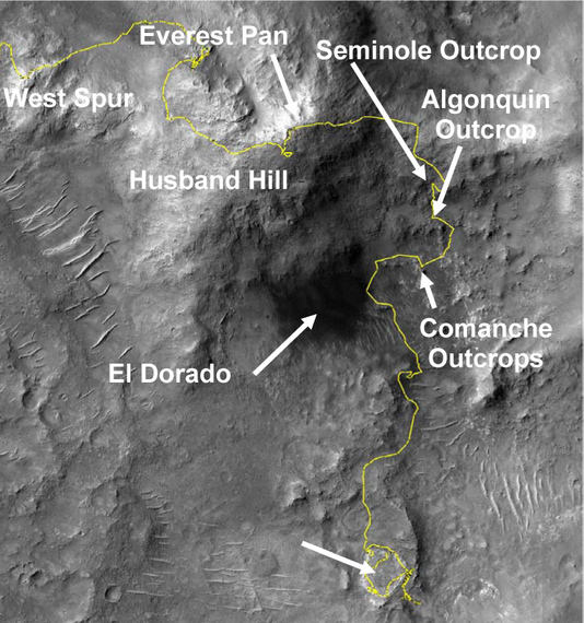 Locator image for Comanche outcrops in the Columbia Hill of Gusev Crater, Mars. Yellow line marks Spirit’s traverse. Pancam panoramic images were taken near the true summit of Husband Hill (Everest Pan) and at the location of the Seminole outcrop. Spirit is currently located on the left side of Home Plate. Image width is ~1000 m. Image courtesy of NASA/UA/HiRISE using PSP_001513_1655_red image. After Arvidson et al. [2008]