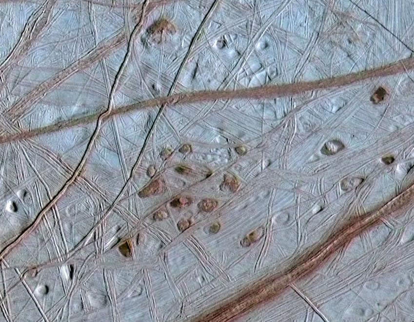 Image of Europa’s ice shell, taken by the Galileo spacecraft, of fractured “chaos terrain.” A tunnelling robot would likely be sent to this type of surface area. Image Credit: NASA/JPL-Caltech