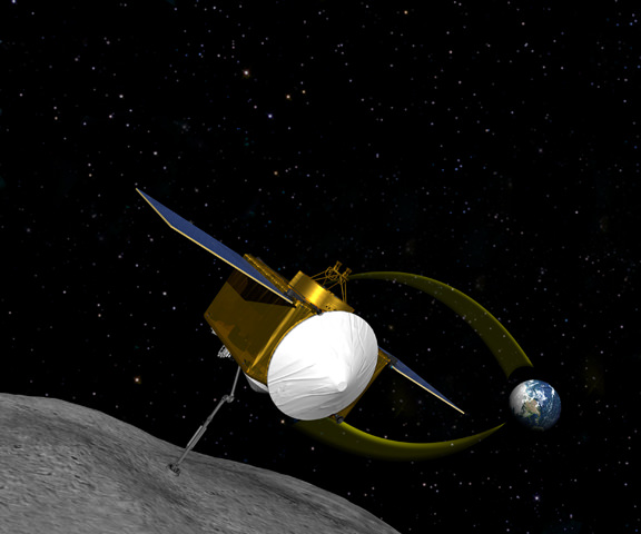Artist's concept of the OSIRIS-REx spacecraft collecting a sample from asteroid 1999 RQ36. Credit: NASA 