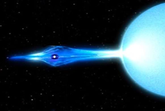 An illustration showing a larger star "feeding" on a smaller star. As the larger star gains gaseous matter, it forms a rotating disk. Eventually that disk heats up to tens of millions of degrees and emits x-rays. 