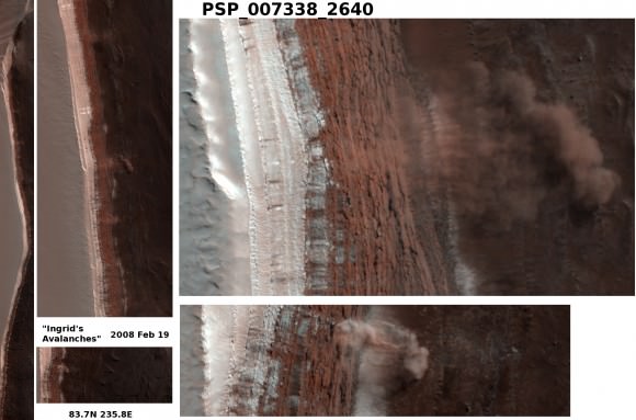 Images taken by the MRO's HiRISE camera show at least four Martian avalanches, or debris falls, taking place near the north pole. Credit: NASA/JPL