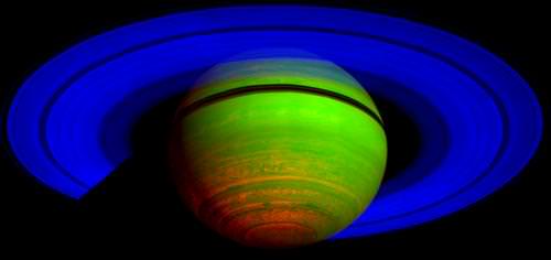 This false-color composite image shows Saturn’s rings and southern hemisphere. The composite image was made from 65 individual observations by Cassini’s visual and infrared mapping spectrometer in the near-infrared portion of the light spectrum on Nov. 1, 2008.  Credit: NASA/JPL/University of Arizona