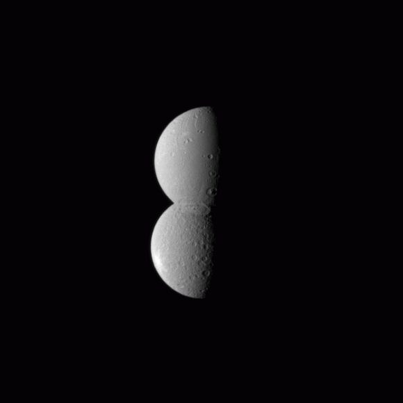 Saturn's moons Dione and Rhea appear conjoined in this optical illusion-like image taken by the Cassini spacecraft.  Credit: NASA/JPL/Space Science Institute
