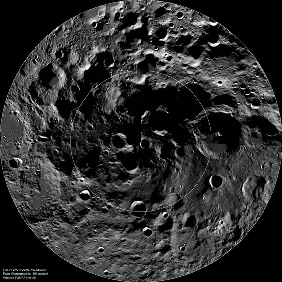 LROC Wide Angle Camera (WAC) mosaic of the lunar South Pole region, width ~600 km. Credit: NASA/GSFC/Arizona State University.