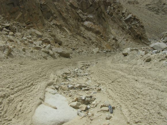 Debris flow channel in Ladakh, NW Indian Himalaya, produced in the storms of August 2010. Credit: Wikipedia Commons/DanHobley