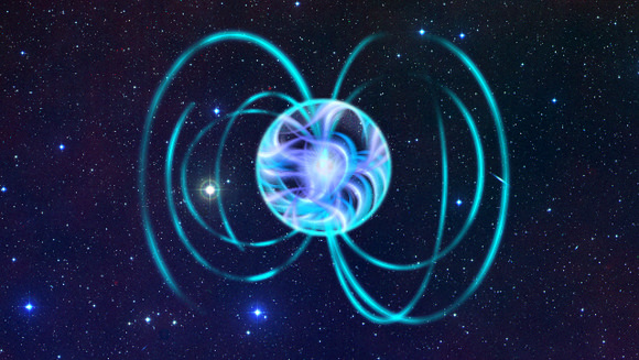 An artistic impression of a magnetar with a very complicated magnetic field at its interior and a simple small dipolar field outside. Credits: ESA - Author: Christophe Carreau