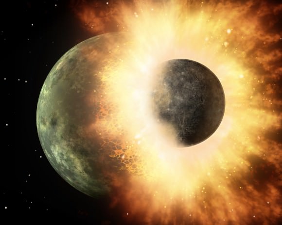It is believed that 4.4 billion years ago, a celestial body (Theia) slammed into Earth and produced the Moon. Image Credit: NASA/JPL-Caltech 