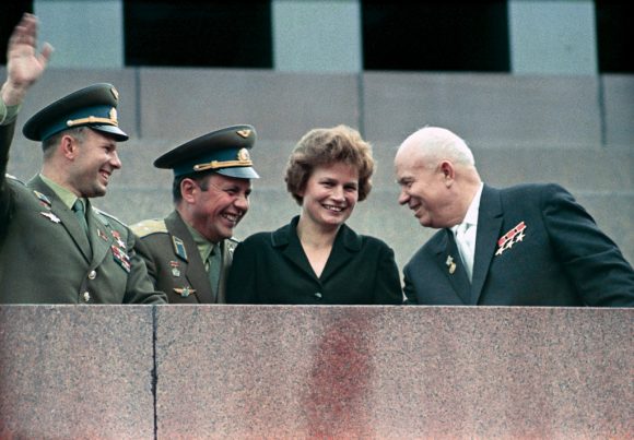 Nikita Khrushchev, Valentina Tereshkova, Pavel Popovich and Yury Gagarin at Lenin Mausoleum on June 22nd, 1963. Credit: Wikipedia Commons/RIA Novosti Archive