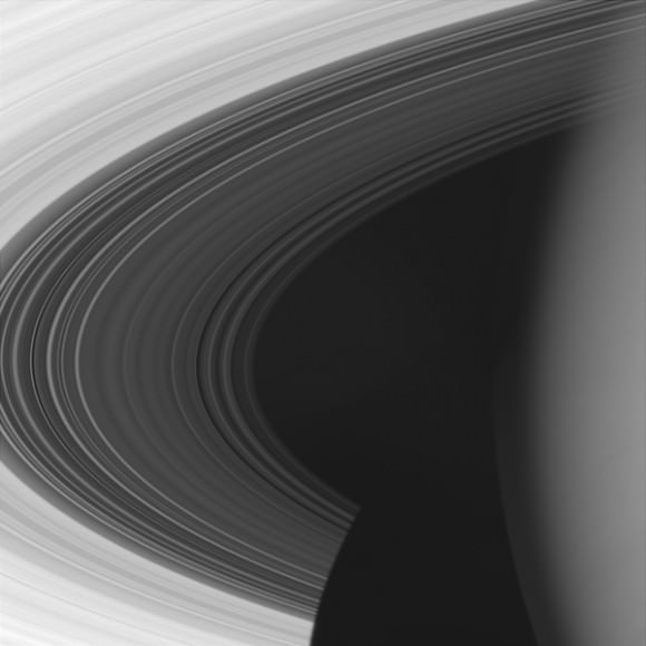 The Cassini spacecraft looks close at Saturn to frame a view encompassing the entire C ring. Image credit: NASA/JPL/SSI