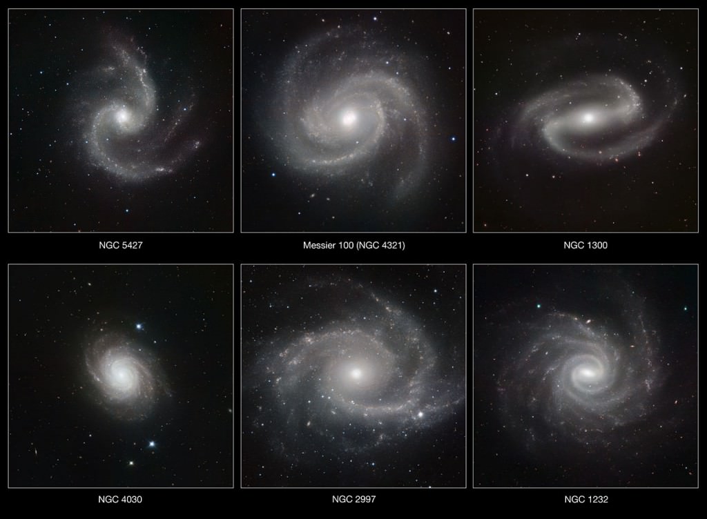 Les galaxies spirales sont courantes.  Cette image montre six galaxies spirales spectaculaires dans les images du Very Large Telescope (VLT) de l'ESO à l'Observatoire de Paranal au Chili.  Crédit : ESO