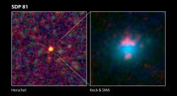 These panels show a zoom of one of the lenses, with high resolution images from Keck (optical light, blue) and the submillimeter Array (sub-millimetre light, red). Image credits: ESA/NASA/JPL-Caltech/Keck/SMA