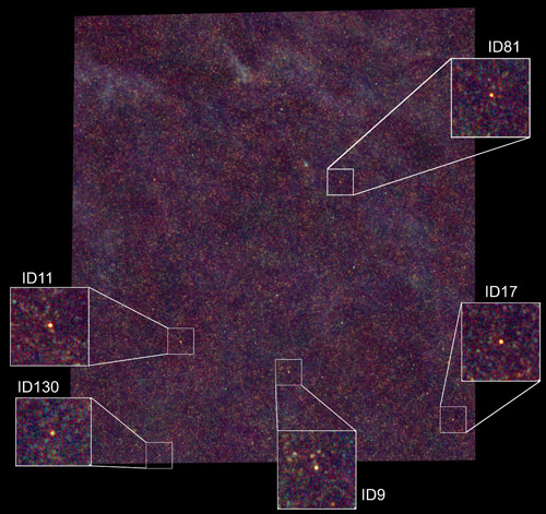 The image shows the first area of sky viewed as part of the Herschel-ATLAS survey. The five inset show enlarged views of the five distant galaxies whose images are being gravitationally lensed by foreground galaxies (unseen by Herschel). The distant galaxies are not only very bright, but also very red in colour in this image, showing that they are brighter at the longer wavelengths measured by the SPIRE instrument. Image credits: ESA/SPIRE/Herschel-ATLAS/SJ Maddox (top); ESA/NASA/JPL-Caltech/Keck/SMA (bottom).