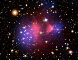 Dark matter in the Bullet Cluster.  Otherwise invisible to telescopic views, the dark matter was mapped by observations of gravitational lensing of background galaxies. Credit: X-ray: NASA/CXC/CfA/ M.Markevitch et al.; Lensing Map: NASA/STScI; ESO WFI; Magellan/U.Arizona/ D.Clowe et al. Optical: NASA/STScI; Magellan/U.Arizona/D.Clowe et al.; 