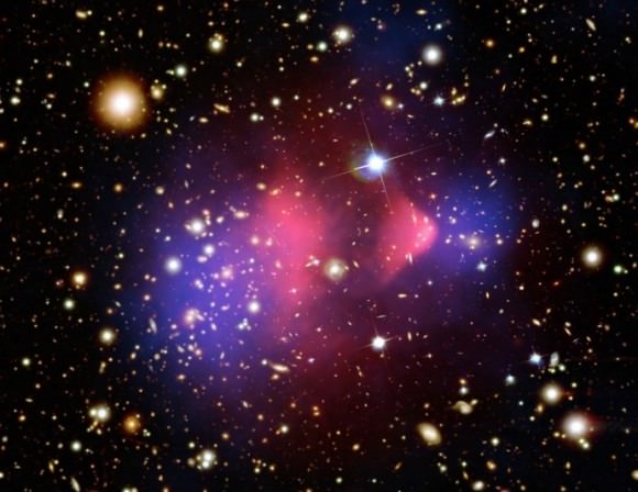 Dark matter in the Bullet Cluster.  Otherwise invisible to telescopic views, the dark matter was mapped by observations of gravitational lensing of background galaxies. Credit: X-ray: NASA/CXC/CfA/ M.Markevitch et al.; Lensing Map: NASA/STScI; ESO WFI; Magellan/U.Arizona/ D.Clowe et al. Optical: NASA/STScI; Magellan/U.Arizona/D.Clowe et al.; 