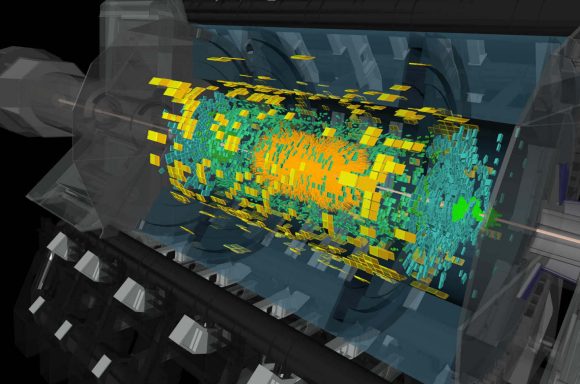 Illustration showing the byproducts of lead ion collisions, as monitored by the ATLAS detector. Credit: CERN