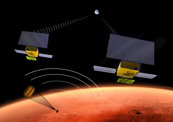 An artist's rendering of MarCO A and B during the descent of InSight. NASA/JPL-Caltech