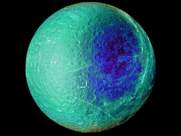 Hemispheric color differences on Saturn's moon Rhea are apparent in this false-color view from NASA's Cassini spacecraft. This image shows the side of the moon that always faces the planet. Image Credit: NASA/JPL/SSI