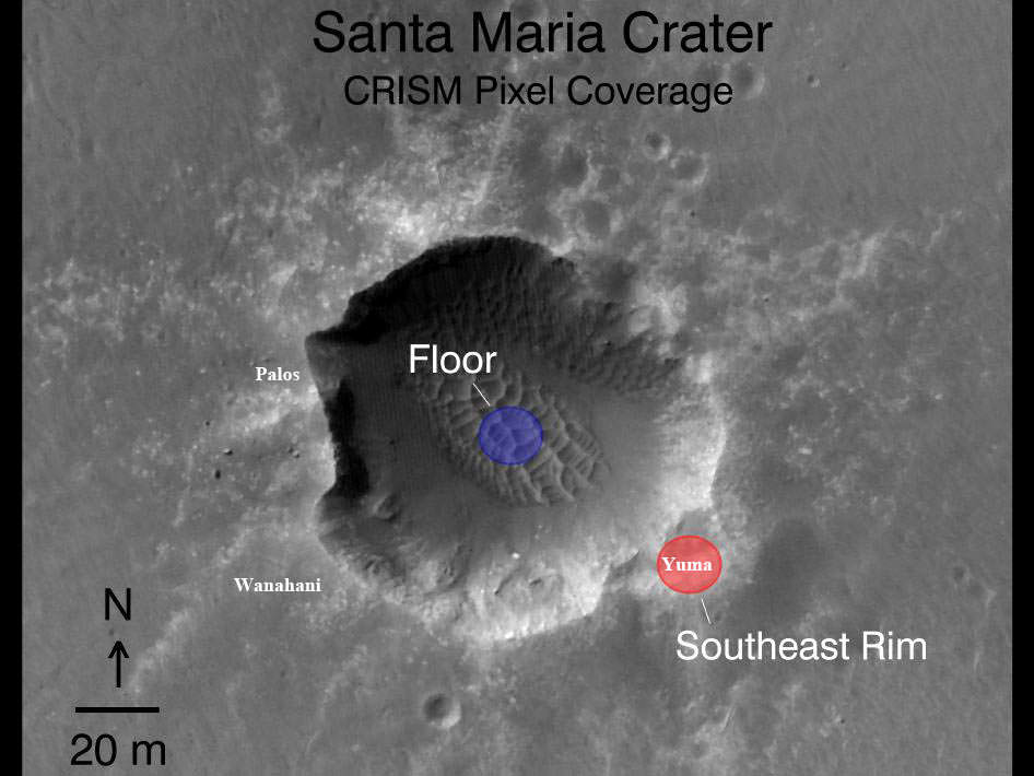 CRISM has left its mark on multiple missions to Mars. This is an image of Mars' Santa Maria Crater from Orbit. NASA's Opportunity rover arrived at the western rim of Santa Maria Crater, some 90 meters wide, on  Dec. 16, 2010, at a spot called “Palos”. Opportunity then drove in a counterclockwise direction to a spot called “Wanahani” at the southern edge. Researchers used data collected by CRISM to direct Opportunity's route to Endeavour crater. Spectral observations recorded by CRISM indicated the presence of water-bearing sulphate minerals at the location shown by the red dot on the southeast rim crater. This image was taken by the High-Resolution Imaging Science Experiment (HiRISE) camera also on MRO. Credit:  NASA/JPL-Caltech/Univ. of Arizona. 