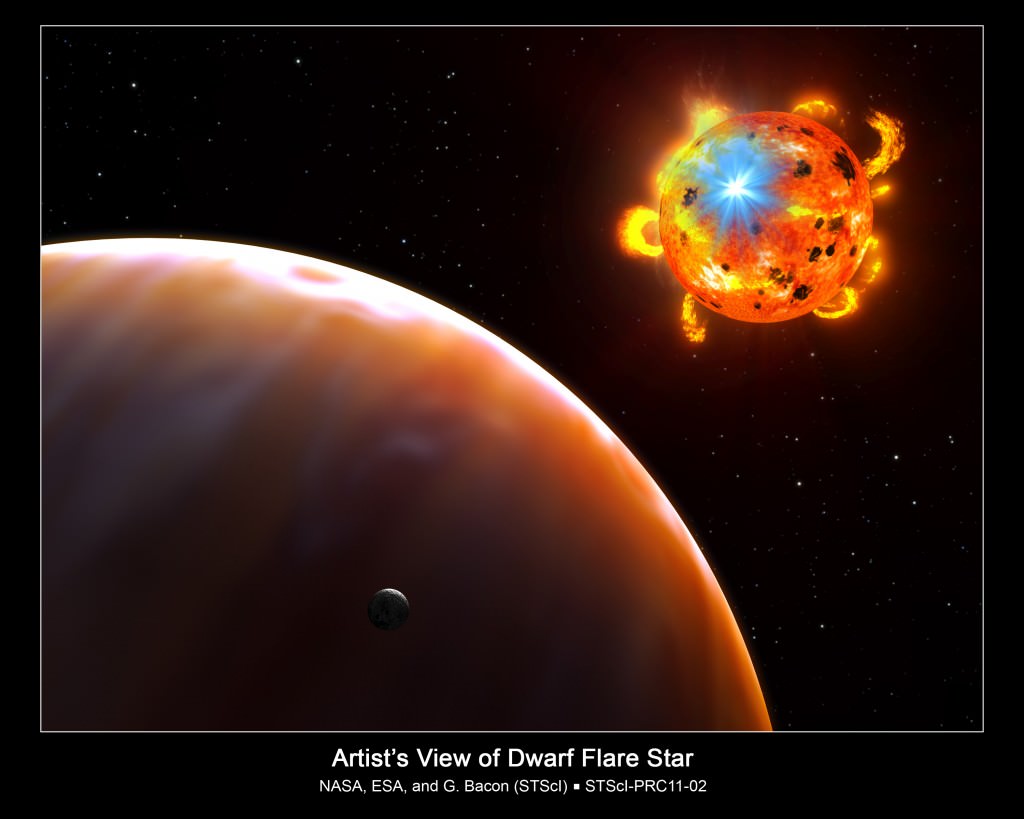 This is an artist's concept of a red dwarf star undergoing a powerful eruption, called a stellar flare. A hypothetical planet is in the foreground. Credit: NASA/ESA/G. Bacon (STScI)
