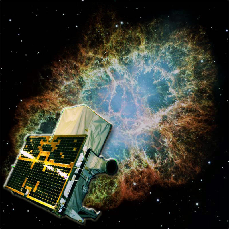 A composite illustration of the AGILE satellite and the Crab Nebula imaged by the Chandra observatory. [Image courtesy of ASI, INAF and NASA]