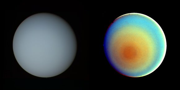 These two pictures of Uranus -- one in true color (left) and the other in false color -- were compiled from images returned Jan. 17, 1986, by the narrow-angle camera of Voyager 2. Image credit: NASA/JPL