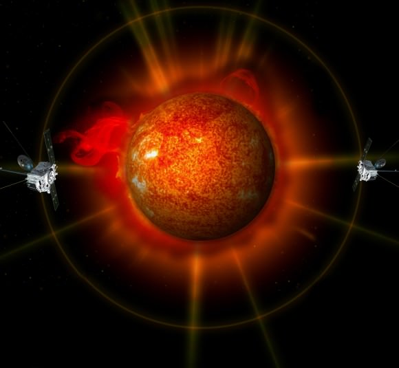 An artist's concept shows both STEREO surrounding the sun on opposite sides. Credit: NASA