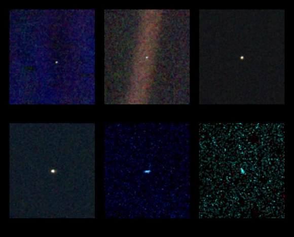 These six narrow-angle color images were made from the first ever 'portrait' of the solar system taken by Voyager 1, which was more than 4 billion miles from Earth and about 32 degrees above the ecliptic. The spacecraft acquired a total of 60 frames for a mosaic of the solar system which shows six of the planets. Mercury is too close to the sun to be seen. Mars was not detectable by the Voyager cameras due to scattered sunlight in the optics, and Pluto was not included in the mosaic because of its small size and distance from the sun. These blown-up images, left to right and top to bottom are Venus, Earth, Jupiter, and Saturn, Uranus, Neptune. The background features in the images are artifacts resulting from the magnification. The images were taken through three color filters -- violet, blue and green -- and recombined to produce the color images. Jupiter and Saturn were resolved by the camera but Uranus and Neptune appear larger than they really are because of image smear due to spacecraft motion during the long (15 second) exposure times. Earth appears to be in a band of light because it coincidentally lies right in the center of the scattered light rays resulting from taking the image so close to the sun. Earth was a crescent only 0.12 pixels in size. Venus was 0.11 pixel in diameter. The planetary images were taken with the narrow-angle camera (1500 mm focal length). Credit: NASA/JPL