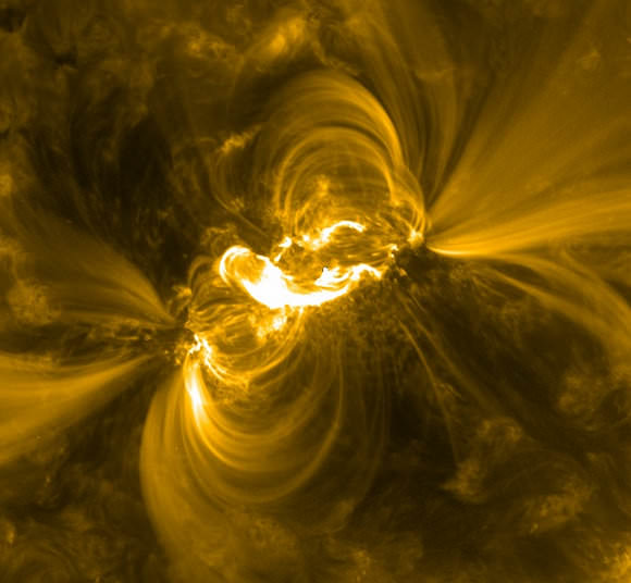 This solar flare on the Sun is from 2011. At the time, it was the largest flare ever detected. Solar flares precede Coronal Mass Ejections and are visible in x-ray images due to their extreme temperatures. Credit: NASA/SDO