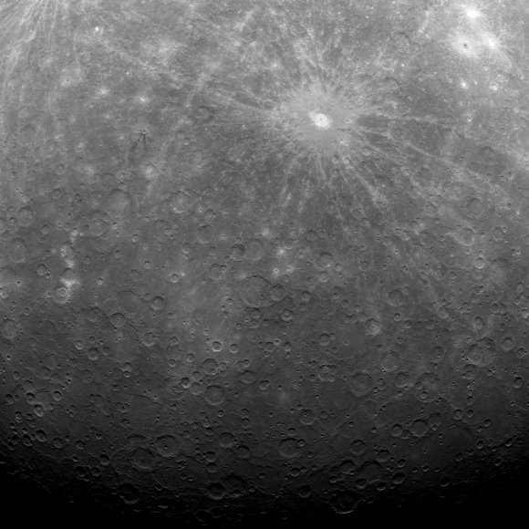 MESSENGER's first image from Mercury orbit, with the bright Debussy crater visible at upper right. Credit: NASA/Johns Hopkins University Applied Physics Laboratory/Carnegie Institution of Washington