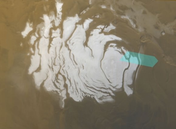 Mars' south polar ice cap, seen in April 2000 by Mars Odyssey. NASA/JPL/MSSS