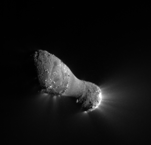 Jets can be seen streaming out of the nucleus, or main body, of comet Hartley 2 in this image from NASA's EPOXI mission. The nucleus is approximately 2 kilometers (1.2 miles) long and .4 kilometers (.25 miles) across at the narrow "neck."  Credit: NASA/JPL-Caltech/UMD