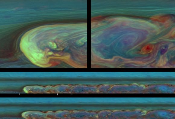 NASA's Cassini spacecraft captures a composite near-true-color view of the huge storm churning through the atmosphere in Saturn's northern hemisphere. Image credit: NASA/JPL-Caltech/SSI