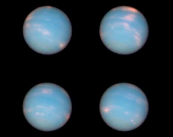 Four images of Neptune taken a few hours apart by the Hubble Space Telescope on June 25-26, 2011. Credit: NASA, ESA and the Hubble Heritage Team (STScI/AURA)