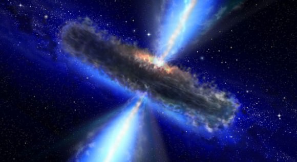 This artist's concept illustrates a quasar, or feeding black hole, similar to APM 08279+5255, where astronomers discovered huge amounts of water vapor. Gas and dust likely form a torus around the central black hole, with clouds of charged gas above and below. Image credit: NASA/ESA 