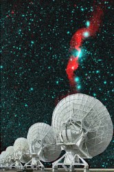 The innermost antennae along the north arm of the Very Large Array, superimposed upon a false-color representation of a radio (red) and optical (blue) image of the radio galaxy 3C31. Image courtesy of NRAO/AUI